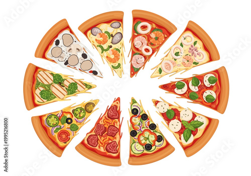 Vector illustration of a delicious pizza cut into slices, featuring a variety of toppings for a diverse meal