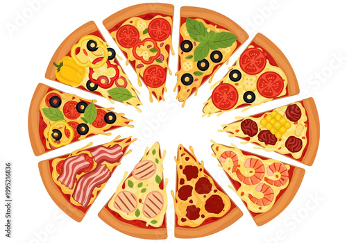 Delicious vector illustration of assorted pizza slices, a vibrant and appetizing culinary delight