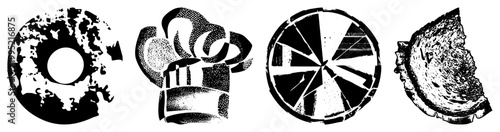 Black and white food graphic symbols including pastry, culinary hat, sliced pizza, toasted sandwich ideal for menus, apps, or print design.