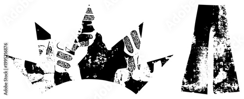 Distressed vector face silhouette and letterform, weathered stencil art, urban graffiti style graphic, high contrast design.