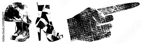 Grunge halftone vector featuring combat helmet with boots, stiletto footwear, and gesturing hand stippled illustration, dot matrix design.