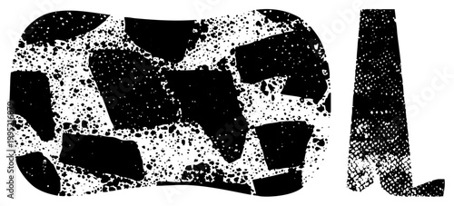 Grunge style halftone graphic featuring speckled dots, pixelated noise effect, distressed aesthetic, design, digital artifact texture.