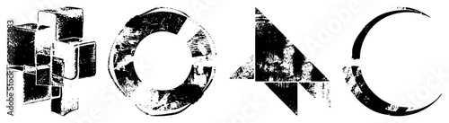 Stylized vector glyphs featuring 3D cubes, broken rings, angular arrows, and also called graphic symbols or typographic.