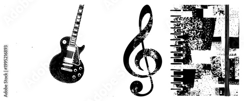 Distressed music symbols including electric guitar silhouette, treble clef glyph, and abstract noise ideal for band merch, album art, or punk rock design.