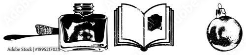 Classic inkwell paired with dip pen, open book with abstract stain, festive bauble antiquarian writing tools, holiday decor elements rendered in distressed black and white vector.