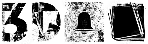 Distressed 3D text, halftone bell, paper stack ideal for retro posters, punk zines, vintage designs. Also called distressed typographic art or grunge print elements.