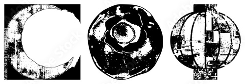 Distressed moon cycle symbols, weathered paper lantern graphic, abstract celestial, vintage ink stamp aesthetic, black and white glyph set.