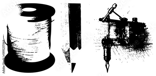 Classic tattoo artist tools including thread spool for grip, straight razor for skin prep, and coil machine essential gear for old school body art. ink kit, gun set.