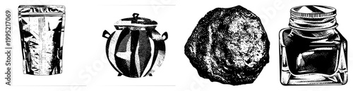 Halftone style illustrations of snack pouch, lidded jar, crumbly food item, and inkwell style container also known as vector package graphics or print ready label assets.