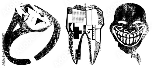Creepy vector illustrations featuring a maniacal grin, anatomical tooth diagram, and abstract silhouette horror themed cutouts with gritty texture for edgy designs.
