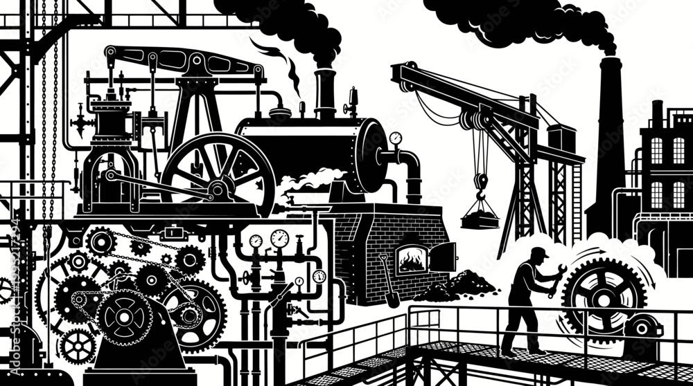 Obraz premium Industrial Revolution Factory Machinery Black White Line Art Illustration