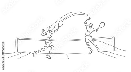 Tennis Match Line Art: Two Players Competing on Court, Action Shot