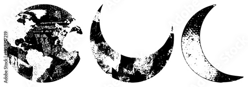 Weathered planet Earth and lunar phases rendered in, abstract celestial symbols, cosmic, space themed graphics, vintage sci fi aesthetic.