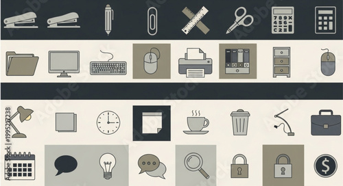 Collection of office supplies and stationery icons on a dark background.