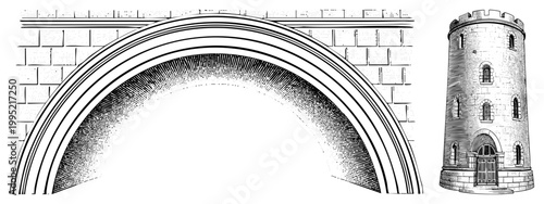 Historic masonry arch entrance and cylindrical fortress tower, medieval gatehouse structure, architecture element rendered in vintage engraving style with stippled shading.