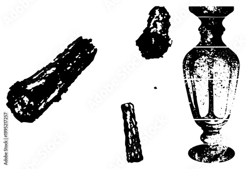 Archaeological ceramic fragments including broken amphora pieces, potsherds, and vessel remnants ideal for historical design, educational graphics, or museum exhibits.