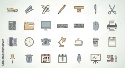 Collection of Office Supplies and Stationery Icons.