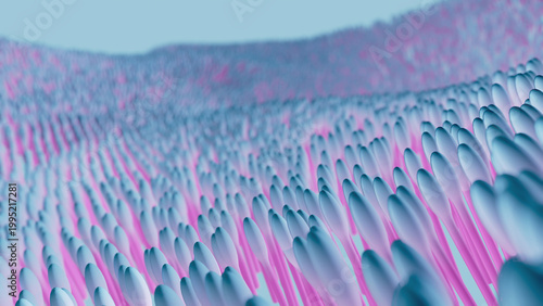 3D render of a surface made of a large number of pink pods particles. Meditative abstract