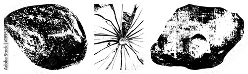 Geological stone illustrations rendered in halftone vector style, rock outcrops, mineral specimens, geology assets, terrain elements, rugged stone shapes.