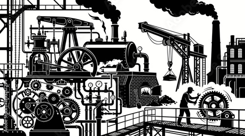 Industrial Revolution Factory Machinery Black  White Line Art Illustration