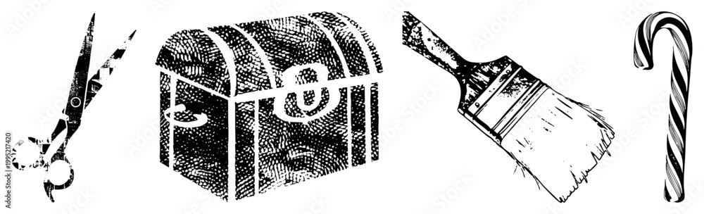 Obraz premium vector cutout featuring scissors (shears), treasure chest (coffer), paintbrush (art brush), and candy cane (holiday stick) with stippled texture.