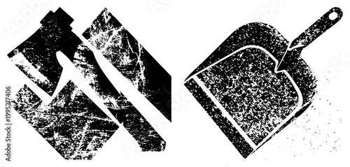 Stylized cleaning tools illustration, janitorial equipment graphic, maintenance symbol set, household chore, gritty design.