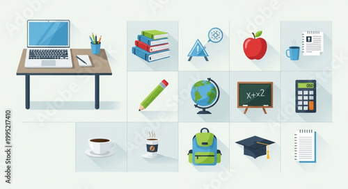 Collection of school and education related icons and objects.