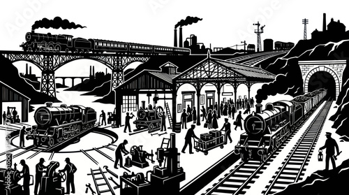 Vintage Railway Industry Steam Trains Black and White Engraving Style Illustration