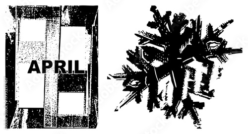 Distressed calendar sheet showing month of April alongside chaotic snowflake symbol alternate names weathered date panel, frosty glyph, typographic element.