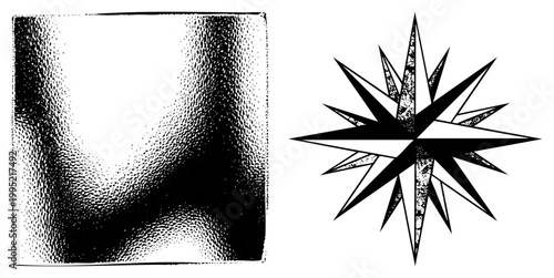 Stippled grayscale gradient with pixelated transition meets angular star emblem, pointy compass rose, radiating burst design, minimalist.