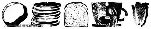 food illustrations including sliced loaf, bagel, lettuce head, and coffee mug ideal for menus, packaging, or print also called culinary or edible glyphs.