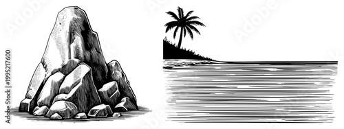 Hand drawn coastal scene featuring a rugged boulder formation and silhouetted island with coconut palm, rendered in stipple and hatch techniques. Ideal for travel posters or nautical themes.