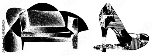 Stylized furniture and footwear graphic, couch silhouette with dot shading, pump shoe with geometric collage, design, print ready artwork.
