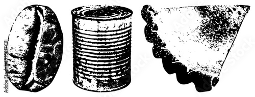 Rugged coffee seed, metal food container, baked dessert wedge stylized as gritty graphics, ideal for vintage packaging or retro branding.