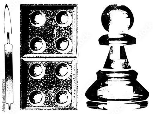 Stylized chess piece, bone, and kitchen knife rendered in high contrast graphic set for game design or tactical visuals, cutout silhouette with rough grain.