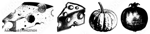 Stippled food graphics cheese, gourd, fruit. Dotwork ideal for print, packaging, culinary themes. Also pointillism food art or retro kitchen.