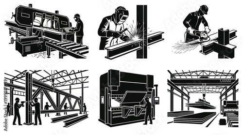 Black and White Industrial Manufacturing Vector Art: Workers and Heavy Machinery