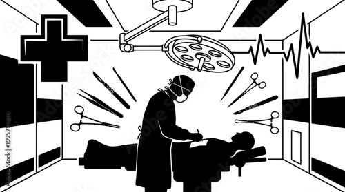 Black and White Line Art of Surgery Room with Doctor and Patient