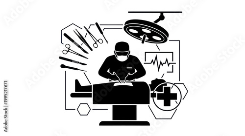 Surgical Operation Icon: Surgeon, Patient, Medical Instruments, EKG, Lamp