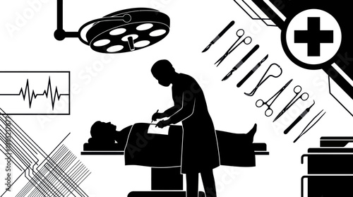 Medical Surgery Scene With Doctor, Patient, Instruments  ECG Line Art