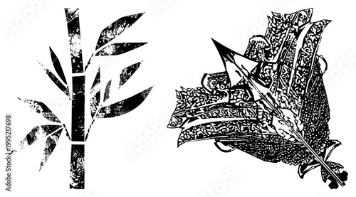 Graphic plant design featuring bamboo like stem and ornate leaf clusters, rendered as high contrast cutout art, ideal for print or digital with transparent background.