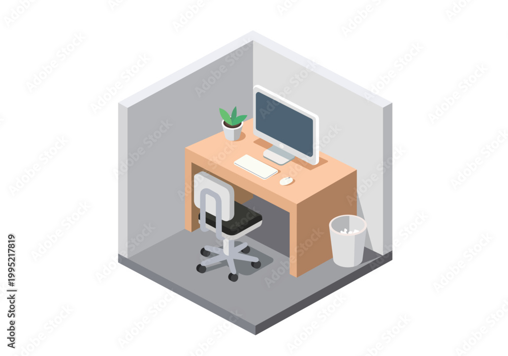 Fototapeta premium Isometric Office Workspace Vector with Desk and Computer アイソメトリックなオフィス空間ベクター デスク・PC・仕事環