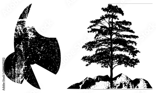 Grunge style pine tree silhouette on craggy terrain, weathered forest, rugged nature graphic, minimalist landscape element, flora design.
