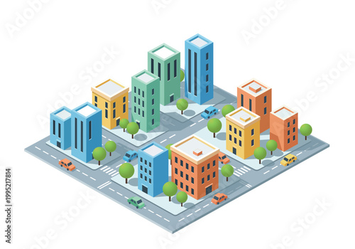 Isometric City Vector with Buildings and Cars, Urban Landscape アイソメトリックな街並み ベクター都市風景