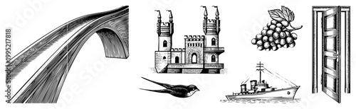 Classic engraved vector artwork featuring medieval, naval vessel, fruit cluster, open door, bird silhouette, architectural arch also called etched vignettes or woodcut style.