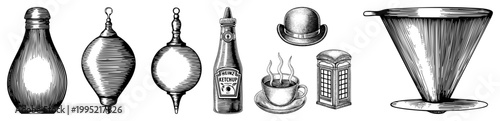 Retro engraved featuring ketchup bottle, hanging ornaments, bowler hat, coffee cup, telephone booth, and funnel also called etched illustrations or vintage drawings.