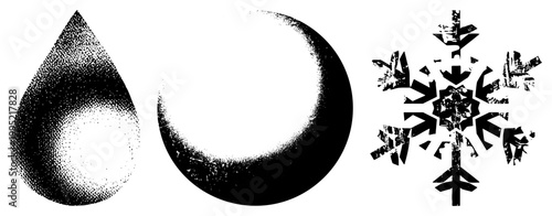 Meteorological symbols rendered in retro halftone style, weather pictograms for forecasts, climate graphics, atmospheric indicators, precipitation and lunar.