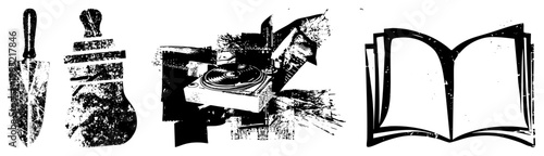 Retro styled graphic elements featuring gardening tool, vinyl turntable, and reading material ideal for vintage posters or indie branding. digger, phonograph, literature.