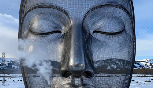 Metallic Mesh Buddha Face Sculpture in Winter Landscape