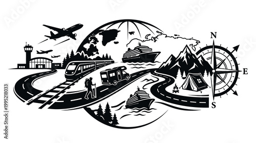 Black  White Vector Art: Travel and Transportation Icons with World Map